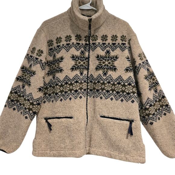 VTG 80's Woolrich Nordic Fair Isle Cream Navy Full-Zip Fleece Jacket, Med, USA - Picture 1 of 10